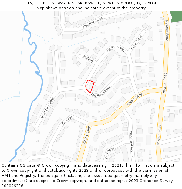 15, THE ROUNDWAY, KINGSKERSWELL, NEWTON ABBOT, TQ12 5BN: Location map and indicative extent of plot