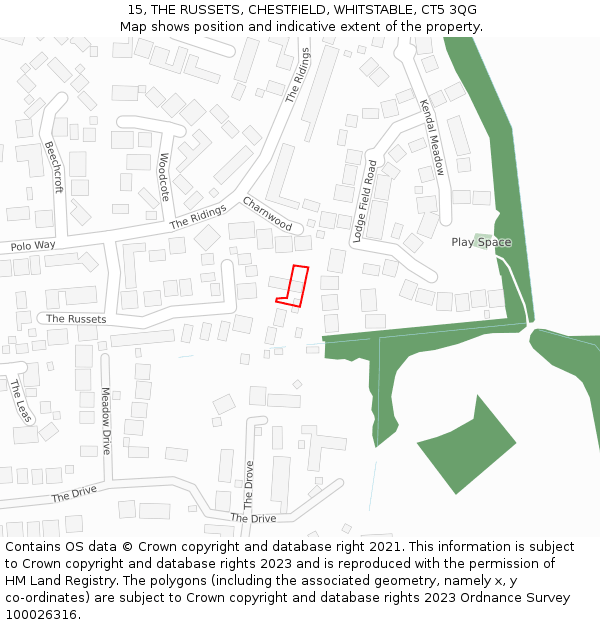 15, THE RUSSETS, CHESTFIELD, WHITSTABLE, CT5 3QG: Location map and indicative extent of plot