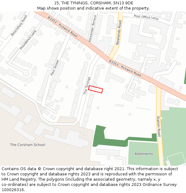 15, THE TYNINGS, CORSHAM, SN13 9DE: Location map and indicative extent of plot