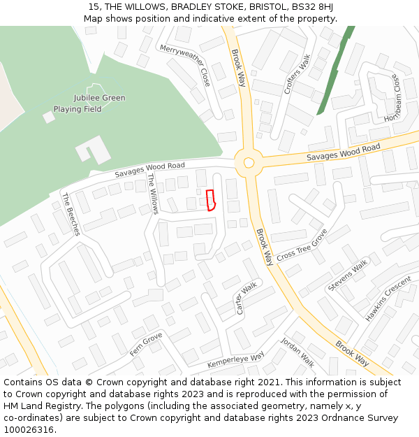 15, THE WILLOWS, BRADLEY STOKE, BRISTOL, BS32 8HJ: Location map and indicative extent of plot