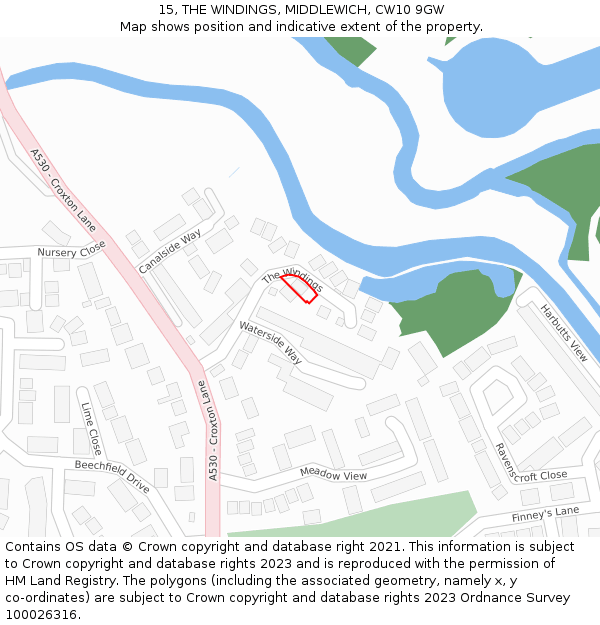 15, THE WINDINGS, MIDDLEWICH, CW10 9GW: Location map and indicative extent of plot