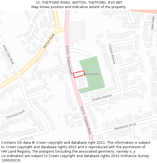 15, THETFORD ROAD, WATTON, THETFORD, IP25 6BT: Location map and indicative extent of plot