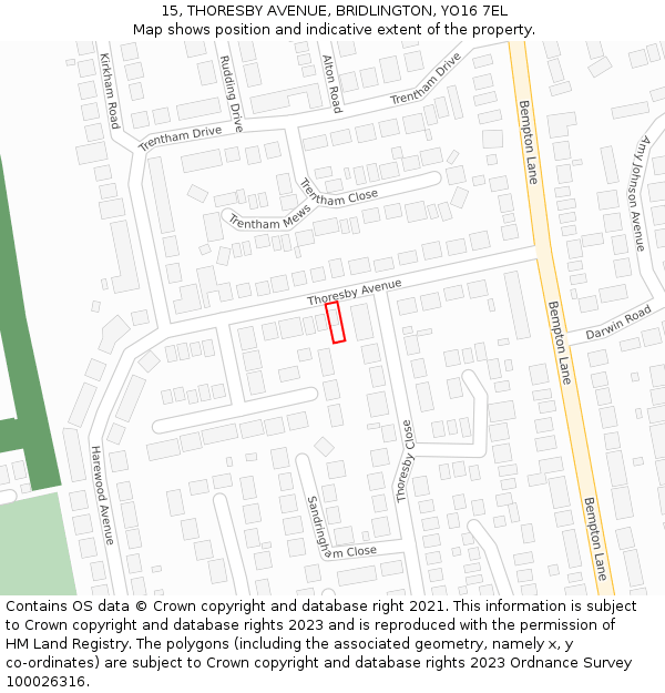 15, THORESBY AVENUE, BRIDLINGTON, YO16 7EL: Location map and indicative extent of plot