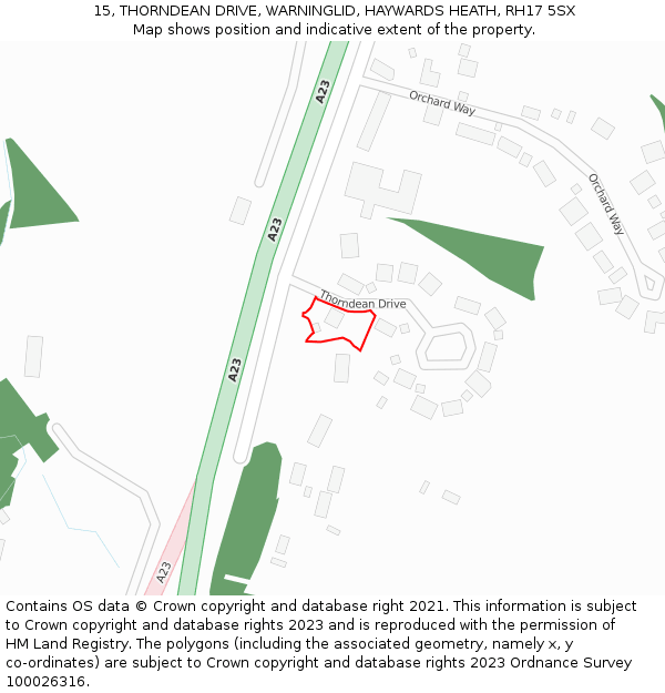 15, THORNDEAN DRIVE, WARNINGLID, HAYWARDS HEATH, RH17 5SX: Location map and indicative extent of plot