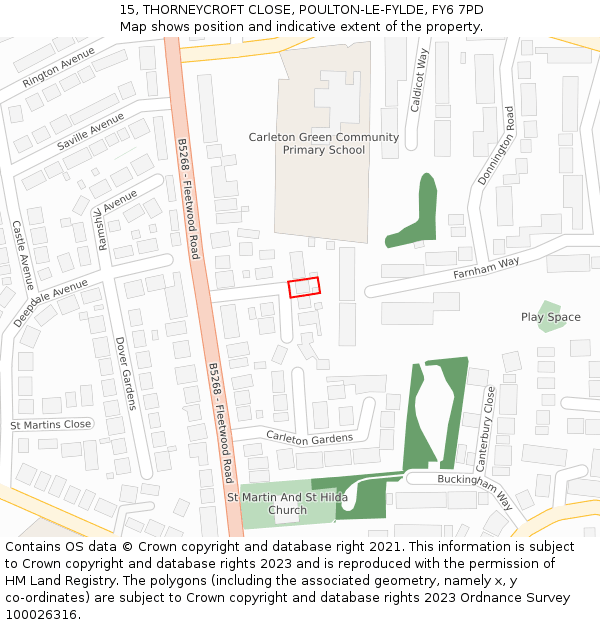 15, THORNEYCROFT CLOSE, POULTON-LE-FYLDE, FY6 7PD: Location map and indicative extent of plot
