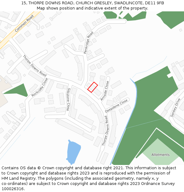 15, THORPE DOWNS ROAD, CHURCH GRESLEY, SWADLINCOTE, DE11 9FB: Location map and indicative extent of plot