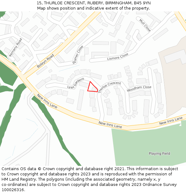 15, THURLOE CRESCENT, RUBERY, BIRMINGHAM, B45 9YN: Location map and indicative extent of plot