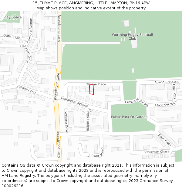 15, THYME PLACE, ANGMERING, LITTLEHAMPTON, BN16 4PW: Location map and indicative extent of plot