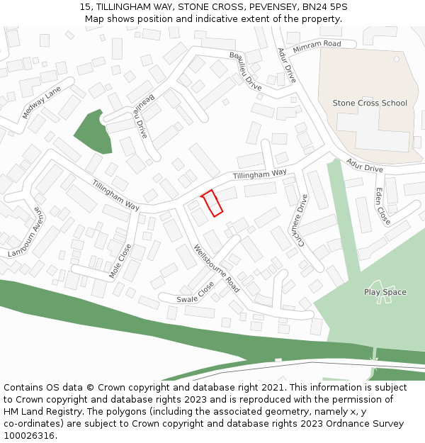15, TILLINGHAM WAY, STONE CROSS, PEVENSEY, BN24 5PS: Location map and indicative extent of plot