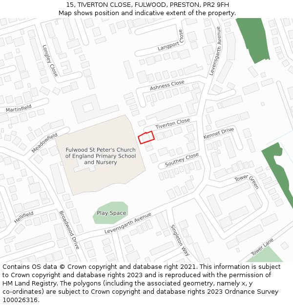 15, TIVERTON CLOSE, FULWOOD, PRESTON, PR2 9FH: Location map and indicative extent of plot