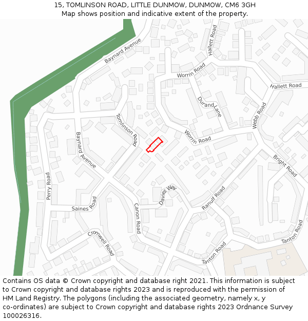 15, TOMLINSON ROAD, LITTLE DUNMOW, DUNMOW, CM6 3GH: Location map and indicative extent of plot