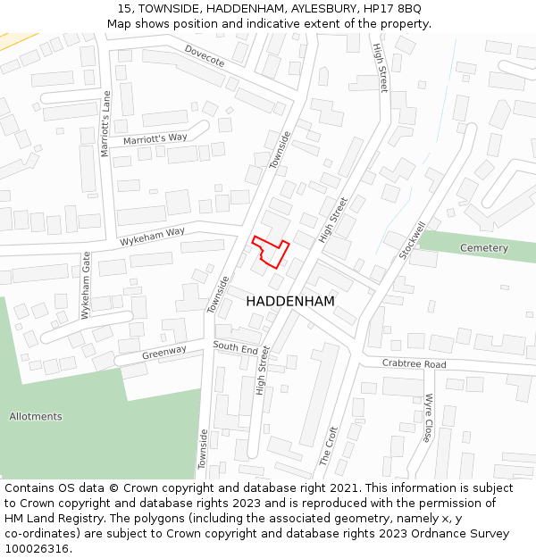15, TOWNSIDE, HADDENHAM, AYLESBURY, HP17 8BQ: Location map and indicative extent of plot