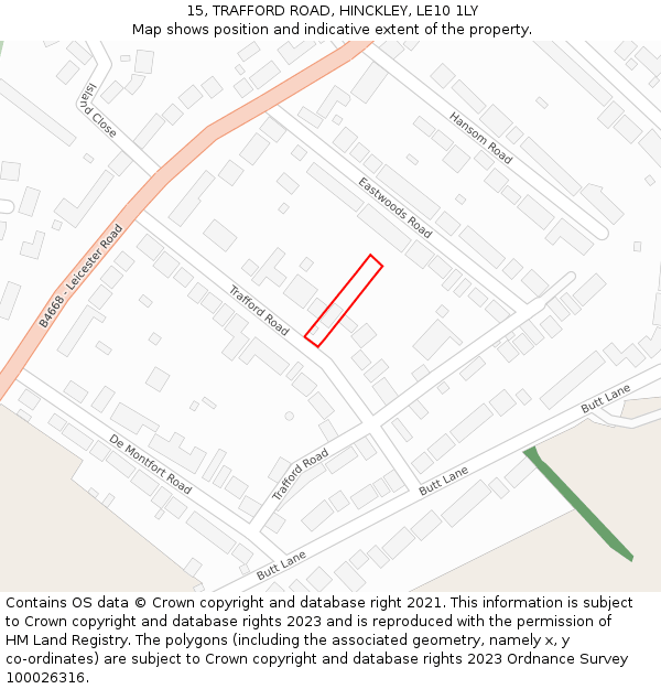 15, TRAFFORD ROAD, HINCKLEY, LE10 1LY: Location map and indicative extent of plot