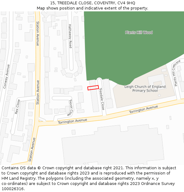 15, TREEDALE CLOSE, COVENTRY, CV4 9HQ: Location map and indicative extent of plot