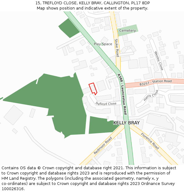 15, TREFLOYD CLOSE, KELLY BRAY, CALLINGTON, PL17 8DP: Location map and indicative extent of plot