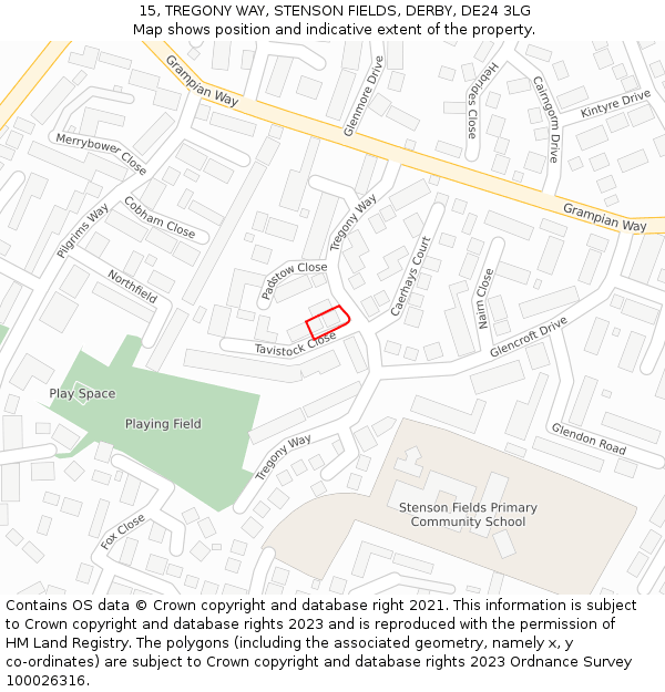 15, TREGONY WAY, STENSON FIELDS, DERBY, DE24 3LG: Location map and indicative extent of plot