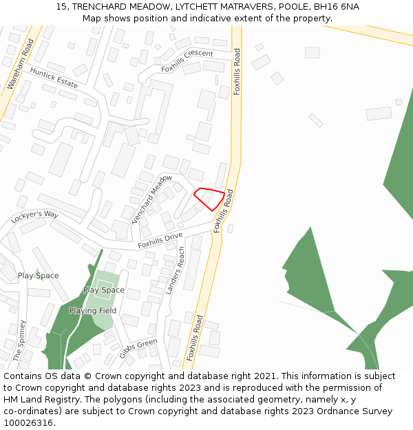 15, TRENCHARD MEADOW, LYTCHETT MATRAVERS, POOLE, BH16 6NA: Location map and indicative extent of plot