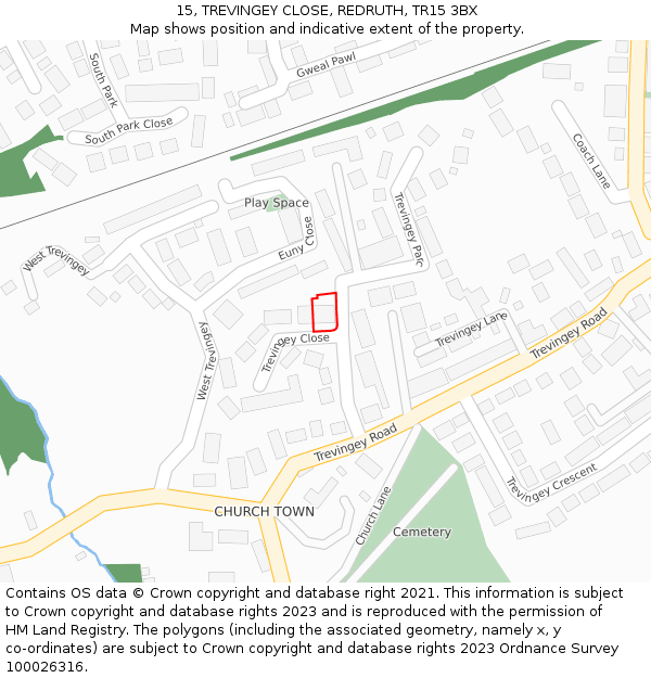 15, TREVINGEY CLOSE, REDRUTH, TR15 3BX: Location map and indicative extent of plot
