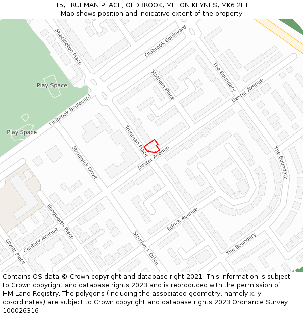 15, TRUEMAN PLACE, OLDBROOK, MILTON KEYNES, MK6 2HE: Location map and indicative extent of plot