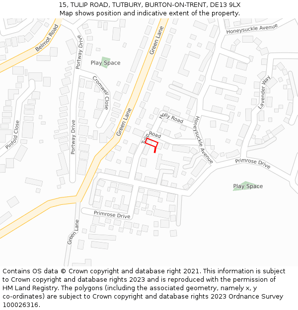 15, TULIP ROAD, TUTBURY, BURTON-ON-TRENT, DE13 9LX: Location map and indicative extent of plot