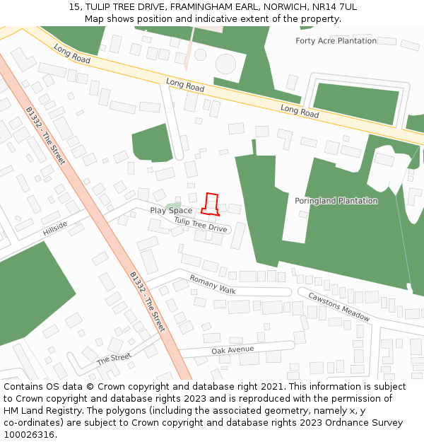 15, TULIP TREE DRIVE, FRAMINGHAM EARL, NORWICH, NR14 7UL: Location map and indicative extent of plot