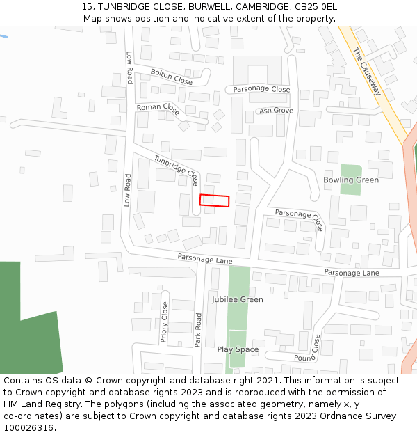 15, TUNBRIDGE CLOSE, BURWELL, CAMBRIDGE, CB25 0EL: Location map and indicative extent of plot