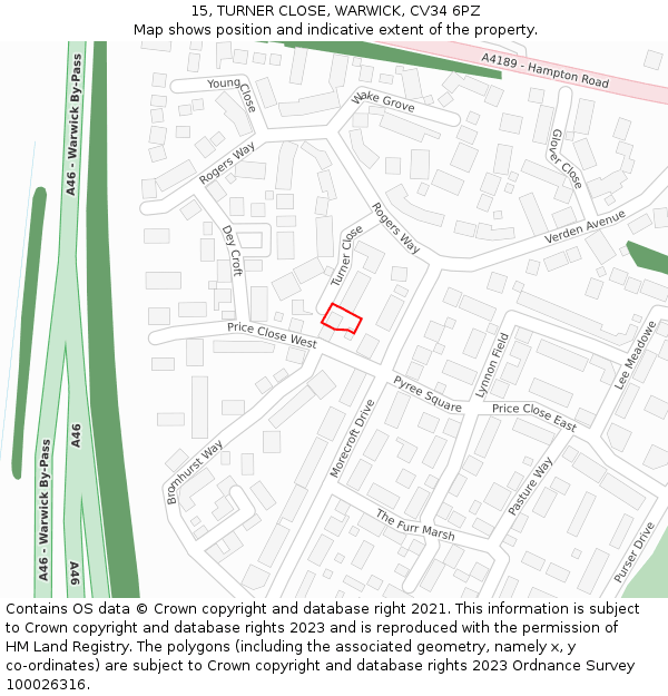 15, TURNER CLOSE, WARWICK, CV34 6PZ: Location map and indicative extent of plot