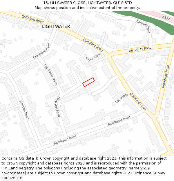 15, ULLSWATER CLOSE, LIGHTWATER, GU18 5TD: Location map and indicative extent of plot