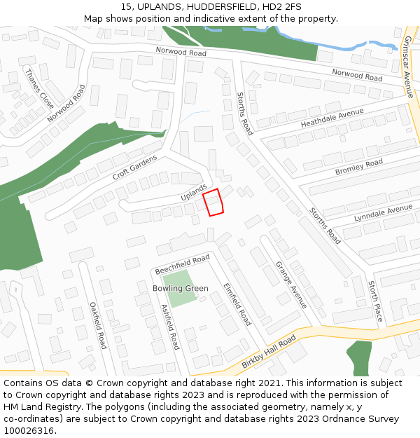 15, UPLANDS, HUDDERSFIELD, HD2 2FS: Location map and indicative extent of plot