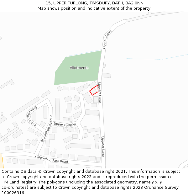 15, UPPER FURLONG, TIMSBURY, BATH, BA2 0NN: Location map and indicative extent of plot