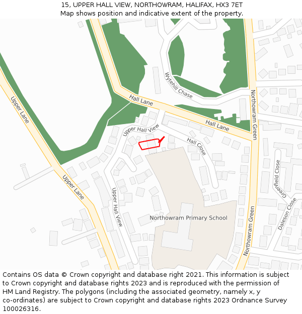 15, UPPER HALL VIEW, NORTHOWRAM, HALIFAX, HX3 7ET: Location map and indicative extent of plot