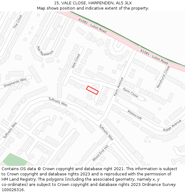 15, VALE CLOSE, HARPENDEN, AL5 3LX: Location map and indicative extent of plot