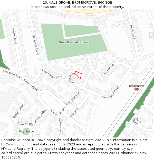 15, VALE GROVE, BROMSGROVE, B60 3GE: Location map and indicative extent of plot