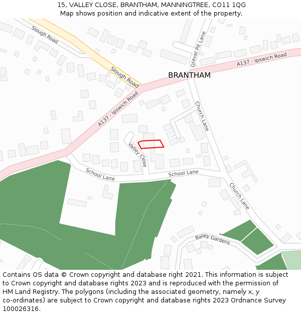 15, VALLEY CLOSE, BRANTHAM, MANNINGTREE, CO11 1QG: Location map and indicative extent of plot