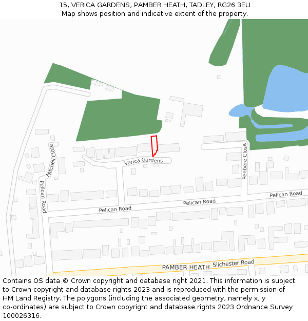 15, VERICA GARDENS, PAMBER HEATH, TADLEY, RG26 3EU: Location map and indicative extent of plot