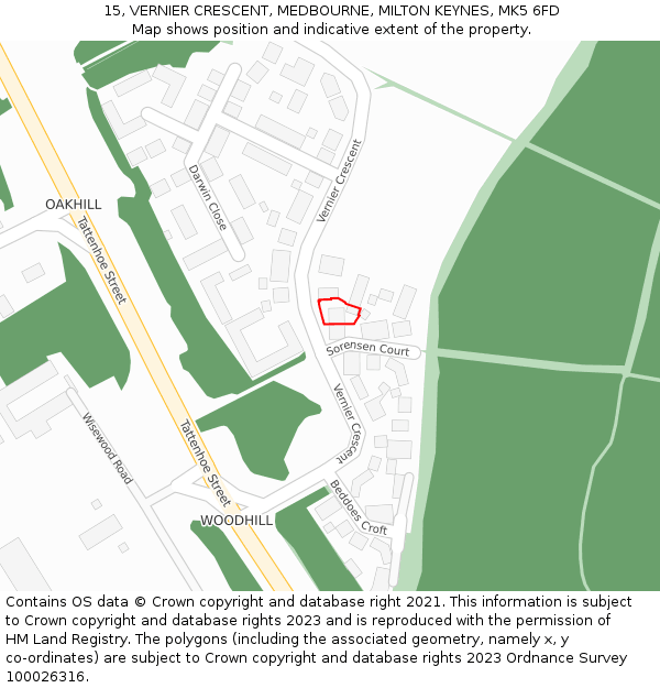 15, VERNIER CRESCENT, MEDBOURNE, MILTON KEYNES, MK5 6FD: Location map and indicative extent of plot