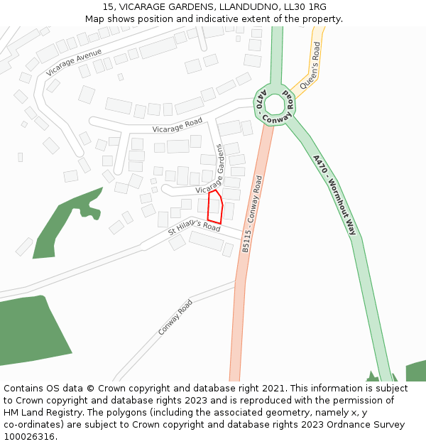 15, VICARAGE GARDENS, LLANDUDNO, LL30 1RG: Location map and indicative extent of plot