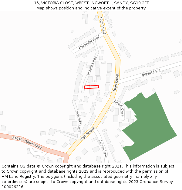 15, VICTORIA CLOSE, WRESTLINGWORTH, SANDY, SG19 2EF: Location map and indicative extent of plot