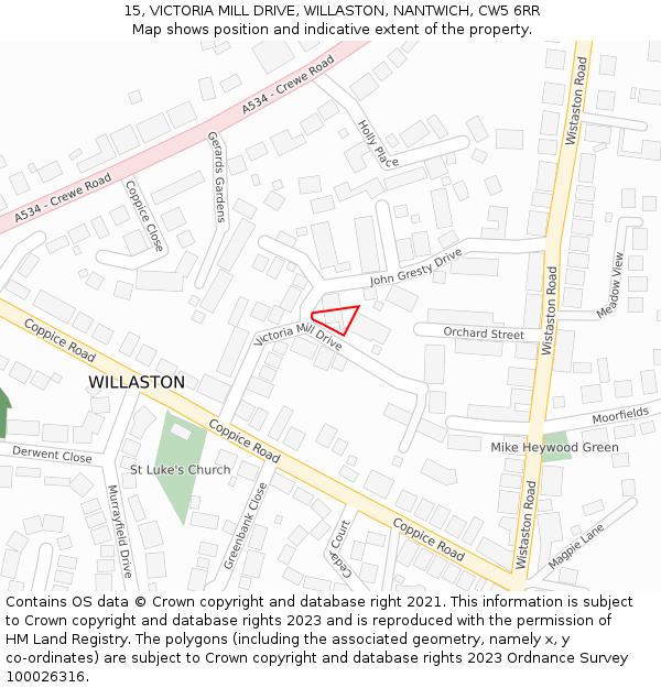 15, VICTORIA MILL DRIVE, WILLASTON, NANTWICH, CW5 6RR: Location map and indicative extent of plot