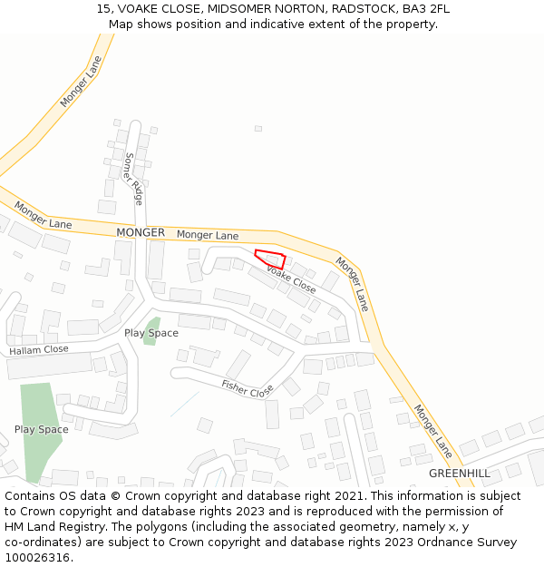 15, VOAKE CLOSE, MIDSOMER NORTON, RADSTOCK, BA3 2FL: Location map and indicative extent of plot