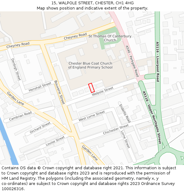 15, WALPOLE STREET, CHESTER, CH1 4HG: Location map and indicative extent of plot