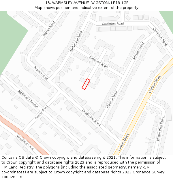 15, WARMSLEY AVENUE, WIGSTON, LE18 1GE: Location map and indicative extent of plot