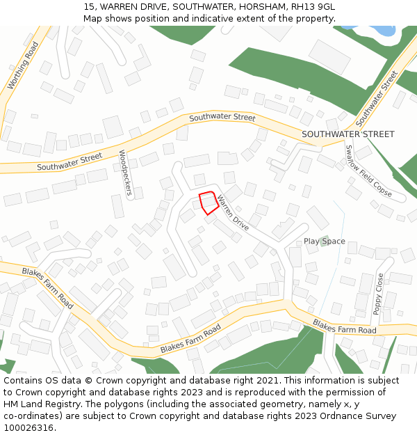 15, WARREN DRIVE, SOUTHWATER, HORSHAM, RH13 9GL: Location map and indicative extent of plot