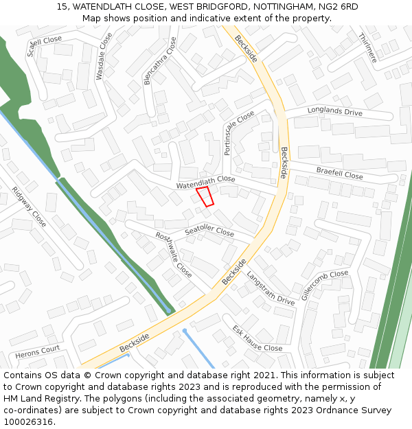 15, WATENDLATH CLOSE, WEST BRIDGFORD, NOTTINGHAM, NG2 6RD: Location map and indicative extent of plot