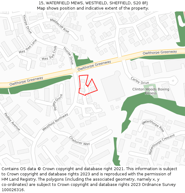 15, WATERFIELD MEWS, WESTFIELD, SHEFFIELD, S20 8FJ: Location map and indicative extent of plot