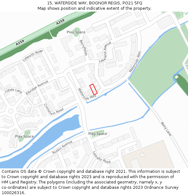 15, WATERSIDE WAY, BOGNOR REGIS, PO21 5FQ: Location map and indicative extent of plot