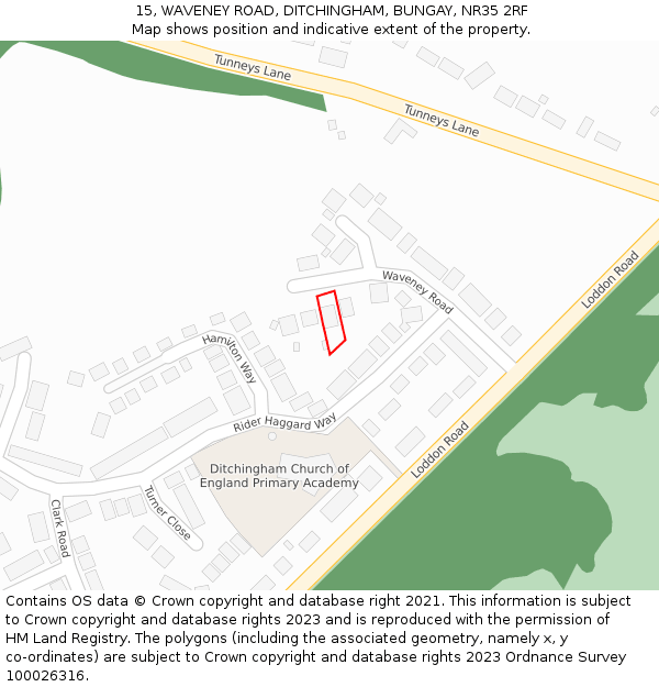 15, WAVENEY ROAD, DITCHINGHAM, BUNGAY, NR35 2RF: Location map and indicative extent of plot