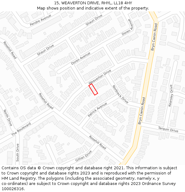 15, WEAVERTON DRIVE, RHYL, LL18 4HY: Location map and indicative extent of plot