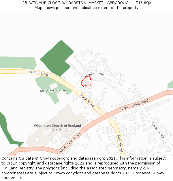15, WEINAHR CLOSE, WILBARSTON, MARKET HARBOROUGH, LE16 8QX: Location map and indicative extent of plot