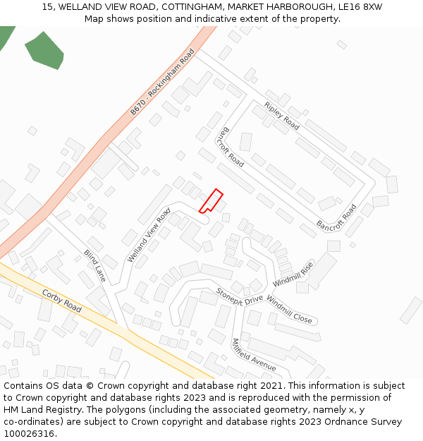 15, WELLAND VIEW ROAD, COTTINGHAM, MARKET HARBOROUGH, LE16 8XW: Location map and indicative extent of plot